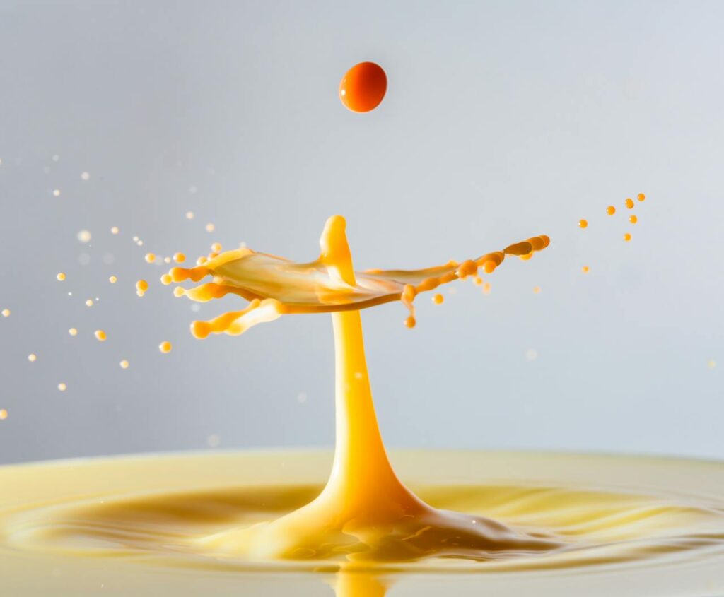 Vibrant close-up of a milk splash crown with a hovering droplet against a soft background.