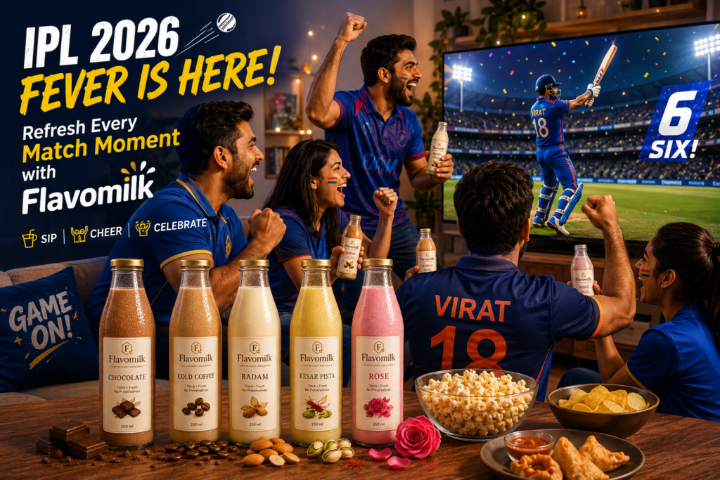 IPL 2026 Fever Is Here: The Perfect Refreshment Partner for Every Cricket Fan IPL 2026 watch party with friends cheering and drinking Flavomilk flavored milk